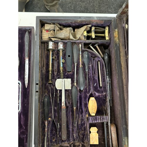 588 - Antique early 19th century brassbound mahogany cased campaign military surgeons instrument set / amp... 