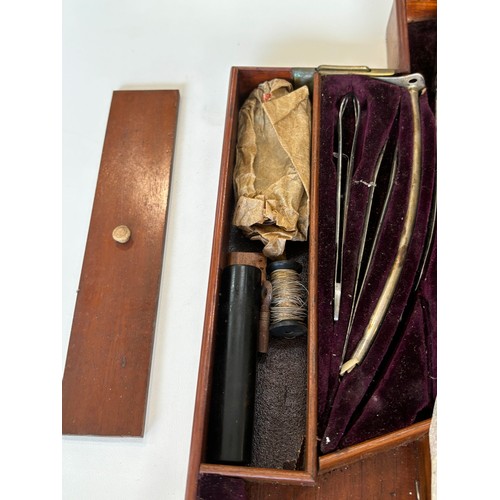 602 - Antique 19th century velvet lined mahogany cased surgeons medical instrument set/ amputation lit, ma... 