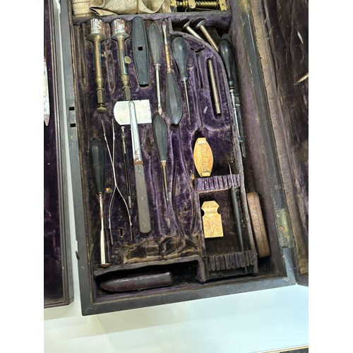 588 - Antique early 19th century brassbound mahogany cased campaign military surgeons instrument set / amp... 