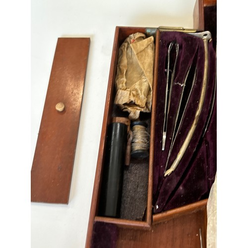 602 - Antique 19th century velvet lined mahogany cased surgeons medical instrument set/ amputation lit, ma... 