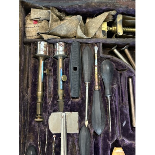 588 - Antique early 19th century brassbound mahogany cased campaign military surgeons instrument set / amp... 