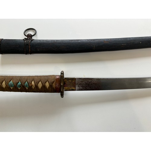 319 - Antique / vintage Japanese Katana sword, painted scabbard with bronze fittings, handle stuck fast, t... 