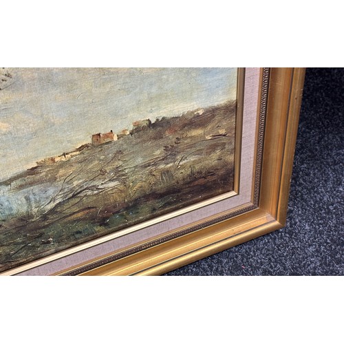 55 - Gilt framed signed oil on board depicting a nature lake scene measures approx 30 inches wide by 23 t... 