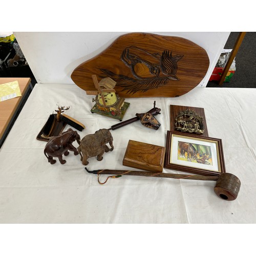 623 - Selection of wooden items includes wind mill, horse plaque etc