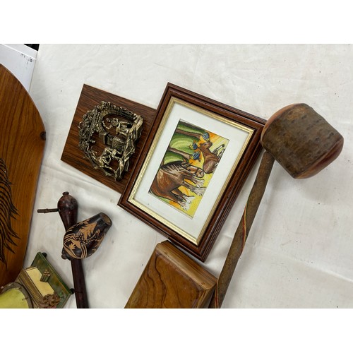 623 - Selection of wooden items includes wind mill, horse plaque etc