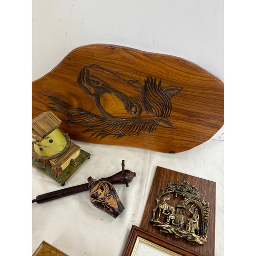 623 - Selection of wooden items includes wind mill, horse plaque etc