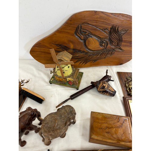 623 - Selection of wooden items includes wind mill, horse plaque etc