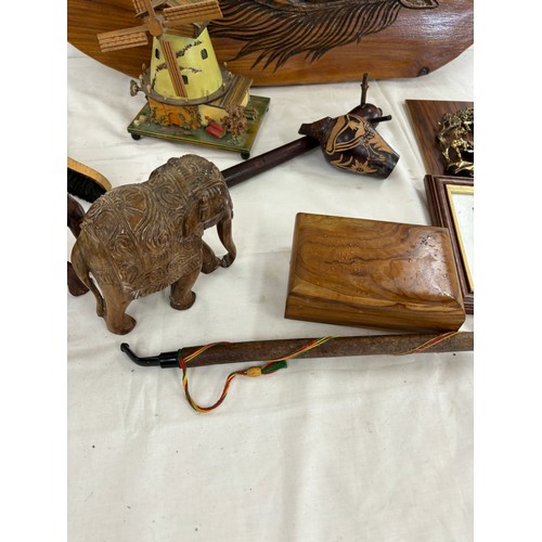 623 - Selection of wooden items includes wind mill, horse plaque etc