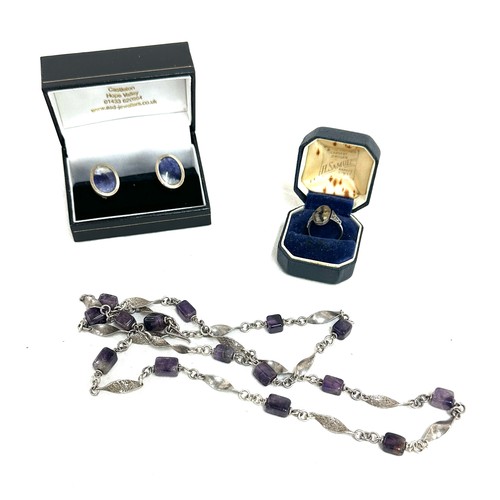 585 - Silver and Derbyshire blue john necklace, cufflinks and earring