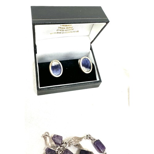 585 - Silver and Derbyshire blue john necklace, cufflinks and earring