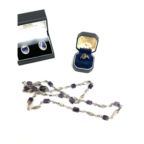 585 - Silver and Derbyshire blue john necklace, cufflinks and earring