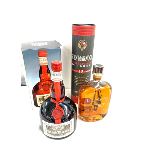 61 - Grand Marnier - Cordon Rouge Cognac & Orange Liqueur 1L, Jeffersons whiskey 700ml and a Glen Marnoch... 