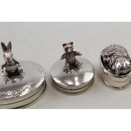 44 - 4 x .925 sterling silver pill / trinket boxes inc novelty, animals etc