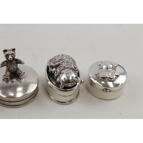 44 - 4 x .925 sterling silver pill / trinket boxes inc novelty, animals etc