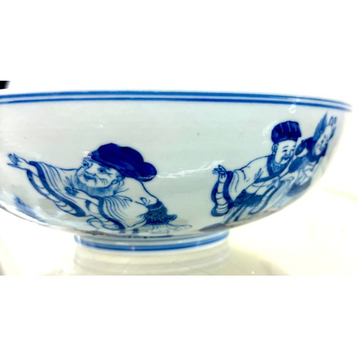 628 - Oriental blue and white bowl, markings to base, overall height 3 inches, diameter 8.5 inches