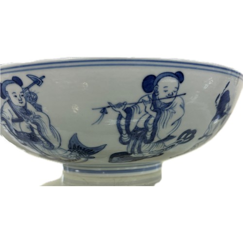 628 - Oriental blue and white bowl, markings to base, overall height 3 inches, diameter 8.5 inches