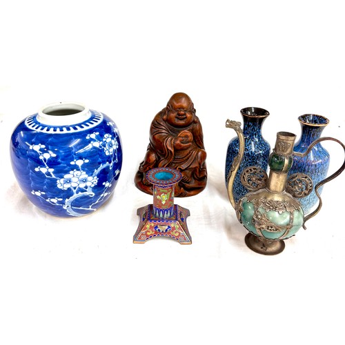 629 - Selection of collectable pieces to include an oriental lamp a/f) wooden buddha, closionne candlestic... 