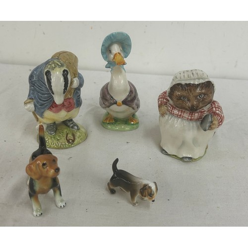 95 - Three Beatrix potter figures includes Jemima puddleduck, Tommy brock, Mrs tiggy winkle etc