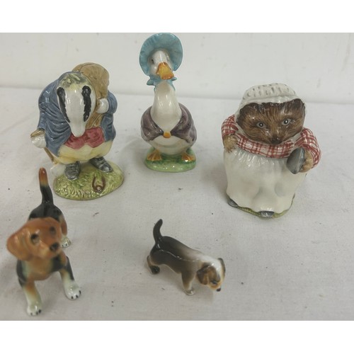 95 - Three Beatrix potter figures includes Jemima puddleduck, Tommy brock, Mrs tiggy winkle etc