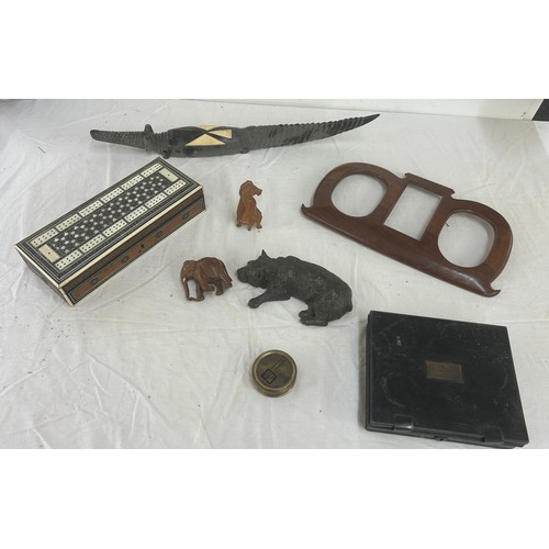 75 - Selection of collectables includes carved items, inlaid box etc