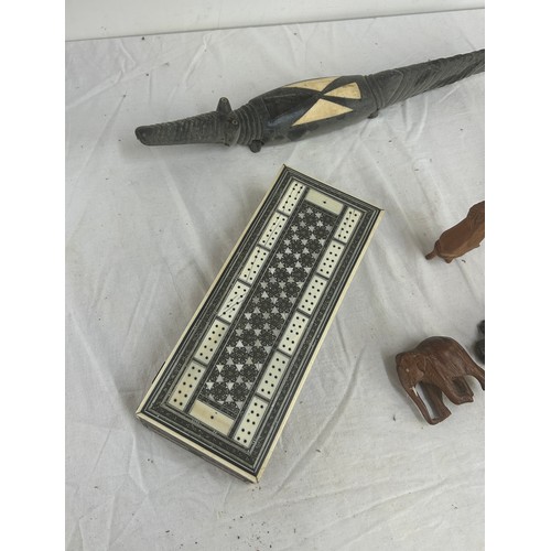 75 - Selection of collectables includes carved items, inlaid box etc