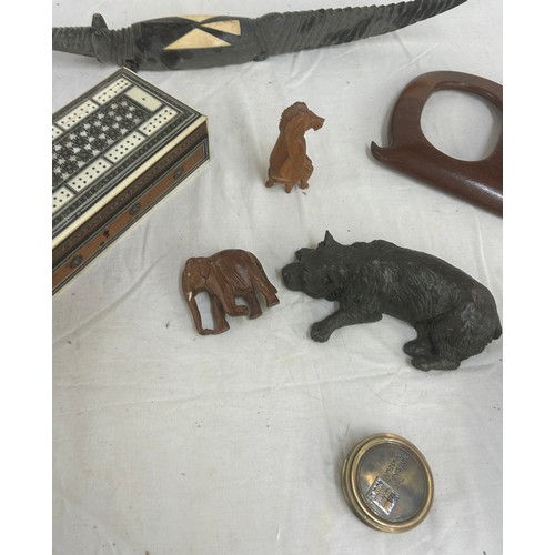 75 - Selection of collectables includes carved items, inlaid box etc