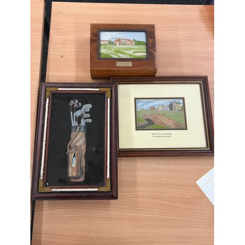 69 - Selection of golf memorabilia includes framed model etc