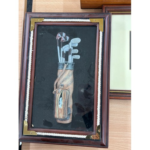 69 - Selection of golf memorabilia includes framed model etc