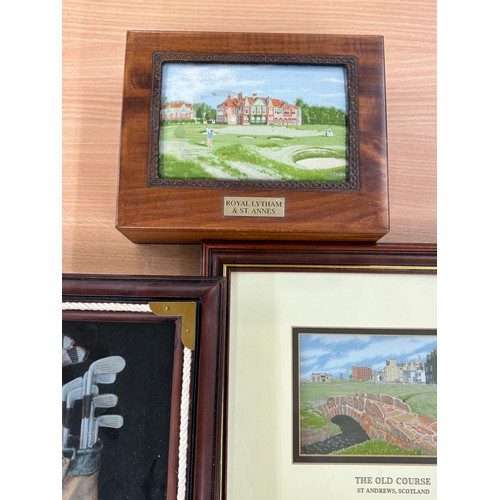 69 - Selection of golf memorabilia includes framed model etc