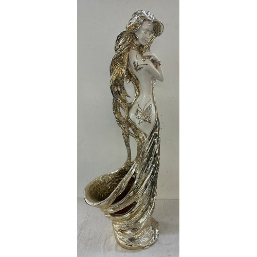 253 - Tall lady plastic decorative figure, with flowing hair with space at base for small plant pot, overa... 