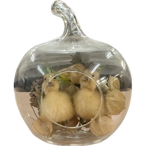 65 - Taxidermy of 2 ducklings with glass bowl scene, overall height 10 inches