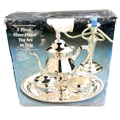 80 - Boxed 3 piece silver plated tea set on tray by Classic silver plated collection, never been unwrappe... 