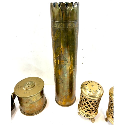 181 - Selection of trench art, pair brass candle holders