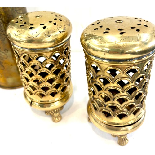 181 - Selection of trench art, pair brass candle holders