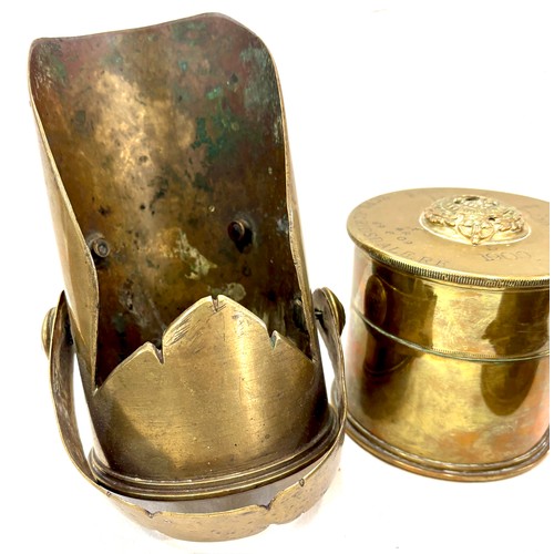 181 - Selection of trench art, pair brass candle holders