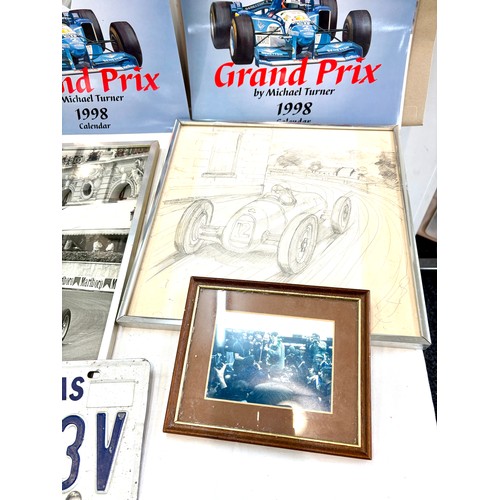 154 - 3 Motor sport framed pictures, 2 Michael Turner Grand Prix calenders