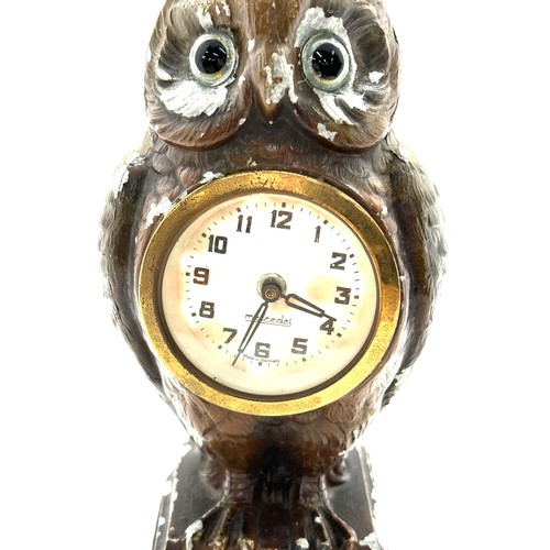 118 - Owl clock, glass eyes marked meccedes working order circa 1920s