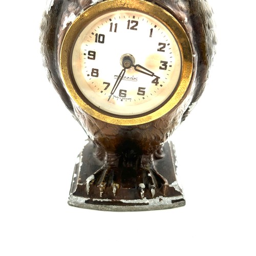 118 - Owl clock, glass eyes marked meccedes working order circa 1920s