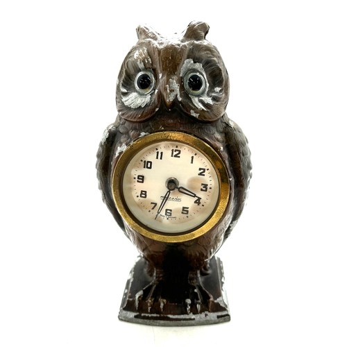 118 - Owl clock, glass eyes marked meccedes working order circa 1920s