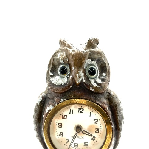 118 - Owl clock, glass eyes marked meccedes working order circa 1920s