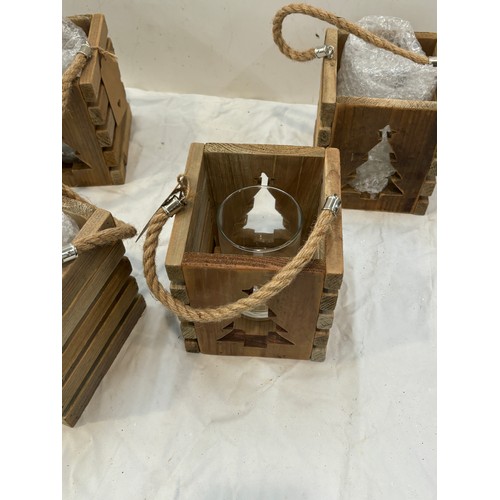 53 - Set of 4 wooden Christmas tree scene lanterns with glass insert