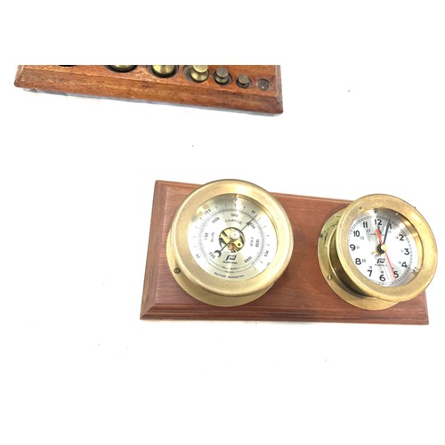 265 - Set brass post office scales, with some weights however not original, mounted brass barometer