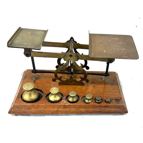 265 - Set brass post office scales, with some weights however not original, mounted brass barometer