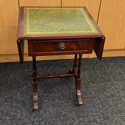 570 - Small leather top drop leaf occasional table, approximate measurements: Height 23 inches, Width 18 i... 