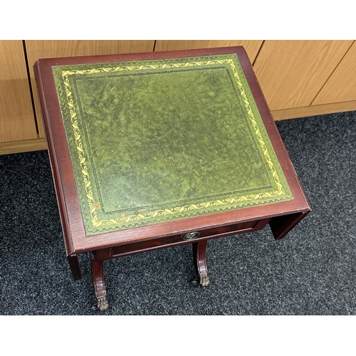 570 - Small leather top drop leaf occasional table, approximate measurements: Height 23 inches, Width 18 i... 