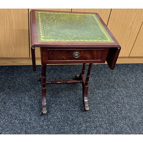 570 - Small leather top drop leaf occasional table, approximate measurements: Height 23 inches, Width 18 i... 