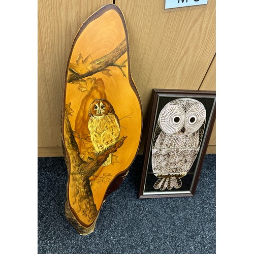 268 - Majolica owl framed tiled painting, wooden plaque with owl design, tallest measures 18 inches