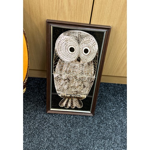 268 - Majolica owl framed tiled painting, wooden plaque with owl design, tallest measures 18 inches