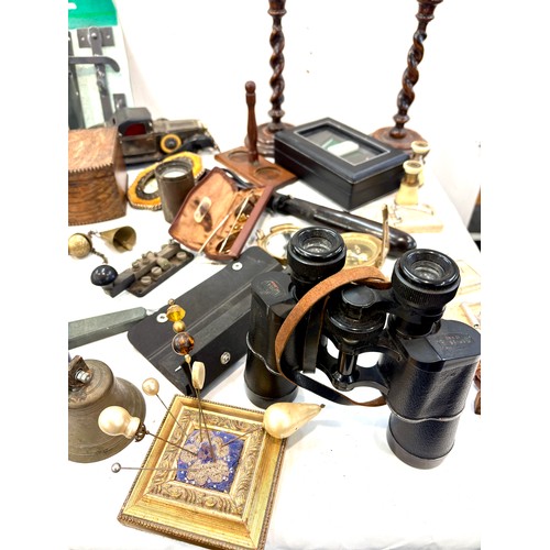 220 - Selection of collectables to include pair barley twist candle sticks, compass, binoculars, etc