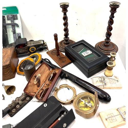 220 - Selection of collectables to include pair barley twist candle sticks, compass, binoculars, etc